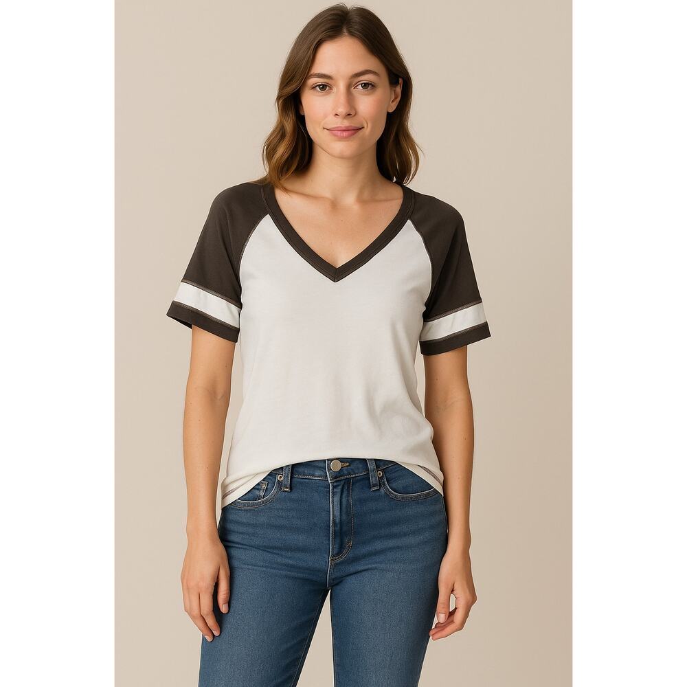 POL Ivory & Burnt Olive V-Neck Small Shirt NWT Spring Summer Academia Casual